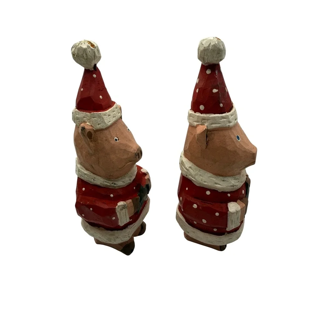 Vintage Style Hand Carved Wood Christmas Pig Figurines Santa Suit Set of 2